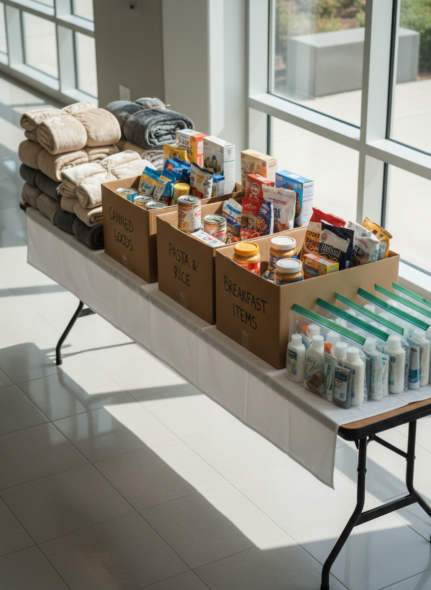 A meticulously arranged donation table displays neatly labeled cardboard boxes filled with non-perishable food items, stacks of folded blankets in soft neutral tones, and clear plastic bags of essential toiletries, all organized with care. The table stands on clean, polished tile flooring in a bright, modern community center. Large windows to the right let in diffused daylight, illuminating the textures of cardboard, fabric, and plastic, and casting soft shadows beneath the table. Shot with photographic realism from a slightly elevated, three-quarter angle, the scene feels hopeful, practical, and compassionate, visually expressing structured philanthropy and organized outreach that changes lives in tangible ways.