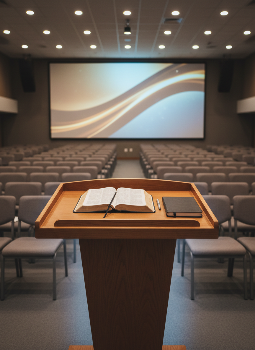 An elegant, modern wooden podium stands at the front of a spacious, contemporary worship hall, with a single open Bible and a sleek, closed notebook placed neatly on its surface. Rows of empty, upholstered chairs form soft geometric patterns in the softly blurred background. Overhead, discreet recessed lights cast a warm, even illumination, while a subtle blue backlight gently outlines the podium, adding depth. Captured in photographic realism from a slightly low, centered angle, the composition suggests expectancy and purpose, conveying a professional, orderly atmosphere ready for teaching, encouragement, and transformation through faith.
